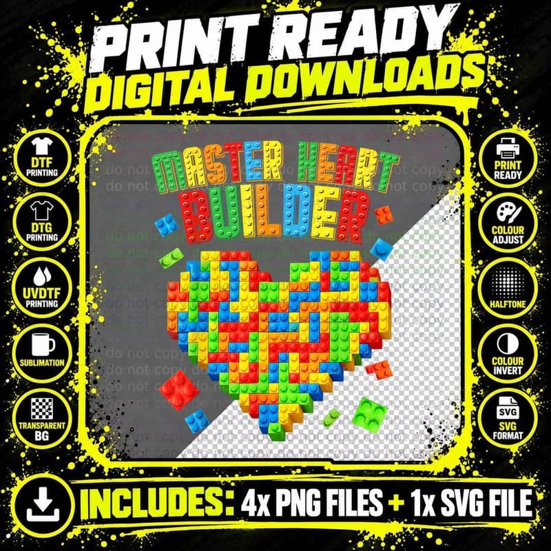 Master Heart Builder T-Shirt, Building Blocks Brick Png SVG Digital Bundle