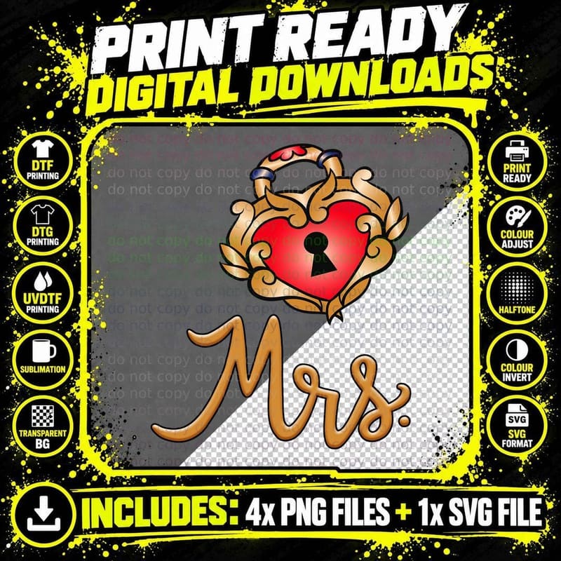 Mrs. Heart Lock T-Shirt, Romantic Love Theme Png SVG Digital Bundle