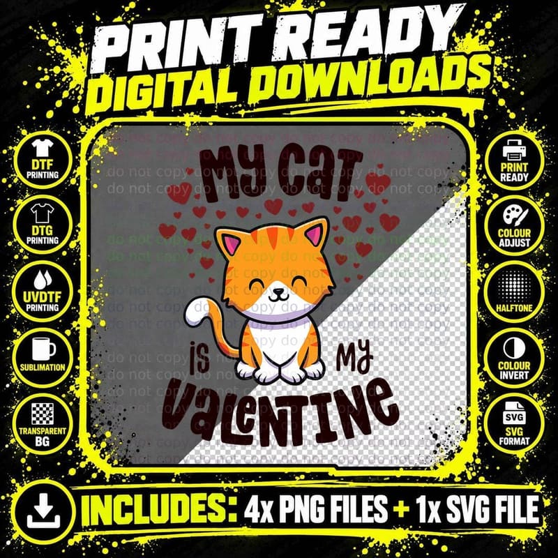 My Cat Is My Valentine Kitten Lover Kawaii Valentines Png SVG Digital Bundle