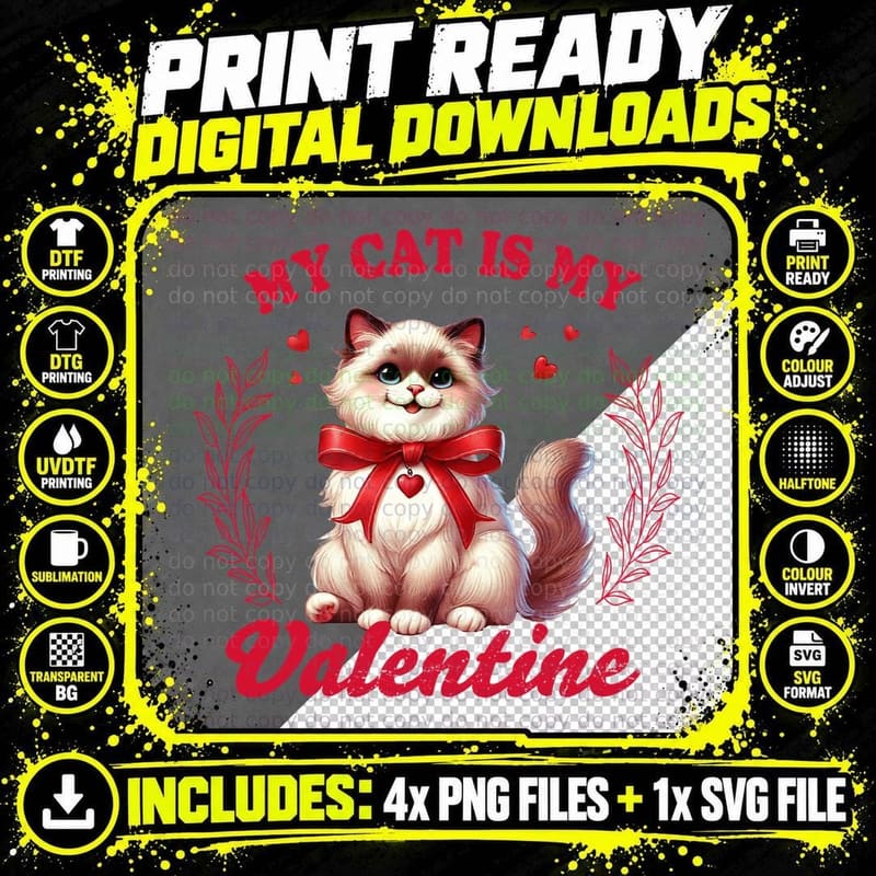 My Cat Is My Valentine T-Shirt, Cat with Red Bow and Png SVG Digital Bundle