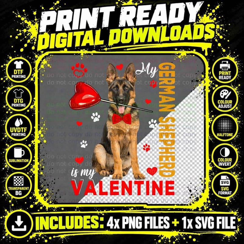 My German Shepherd Is My Valentine Cute Dog Holding Png SVG Digital Bundle