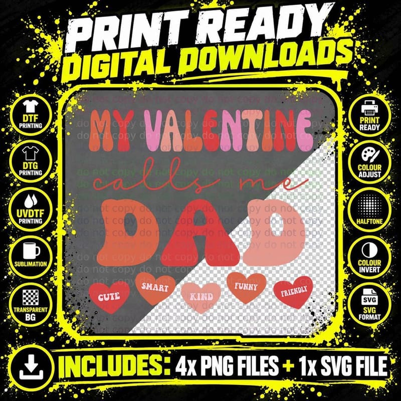 My Valentine Calls Me Dad Retro Groovy Valentines Day Png SVG Digital Bundle