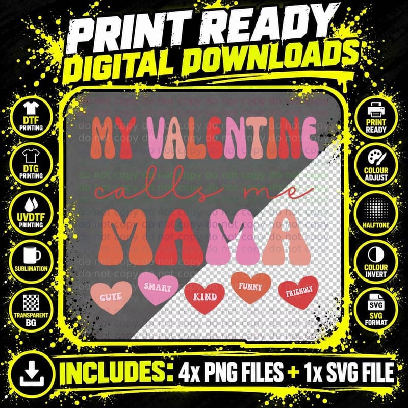 My Valentine Calls Me Mama Retro Groovy Valentines Day Png SVG Digital Bundle