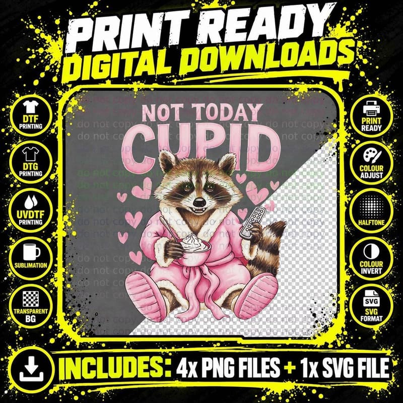 Not Today Cupid Valentine T-Shirt, Raccoon with Remote Png SVG Digital Bundle
