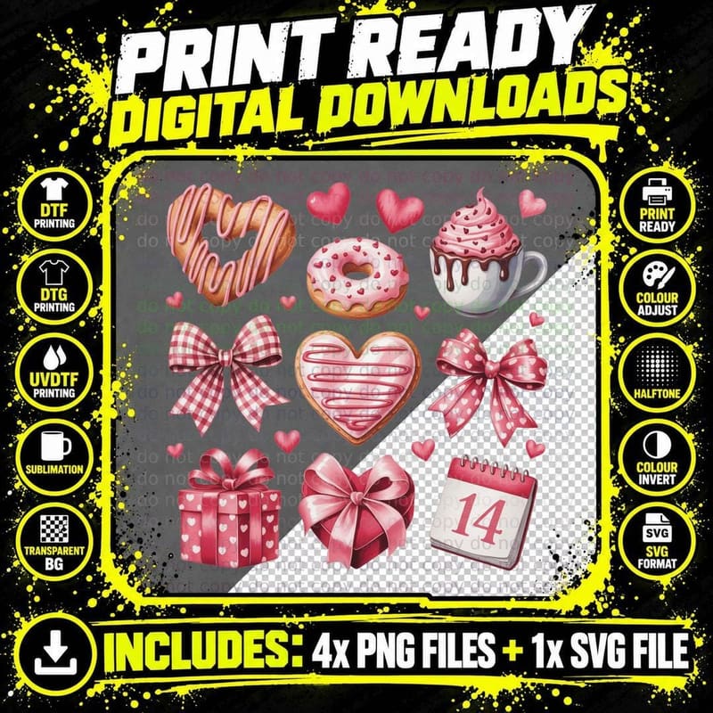 Pastries Donut Cupcake Gift Bows Valentine T-Shirt Png SVG Digital Bundle