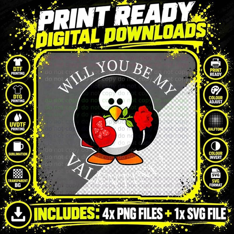 Penguin Will You Be My Valentine Cute Animal T-Shirt Png SVG Digital Bundle