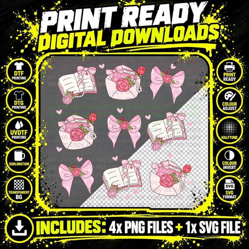 Pink Bows Envelopes Books Roses Valentine T-Shirt Png SVG Digital Bundle