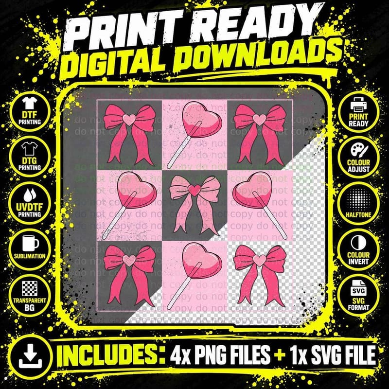 Pink Bows Lollipop Hearts Grid Valentine T-Shirt Png SVG Digital Bundle