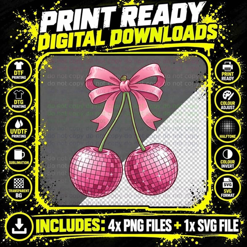 Pink Disco Ball Cherries with Bow Valentine T-Shirt Png SVG Digital Bundle