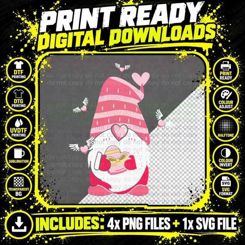 Pink Gnome Holding Heart Valentine T-Shirt Png SVG Digital Bundle