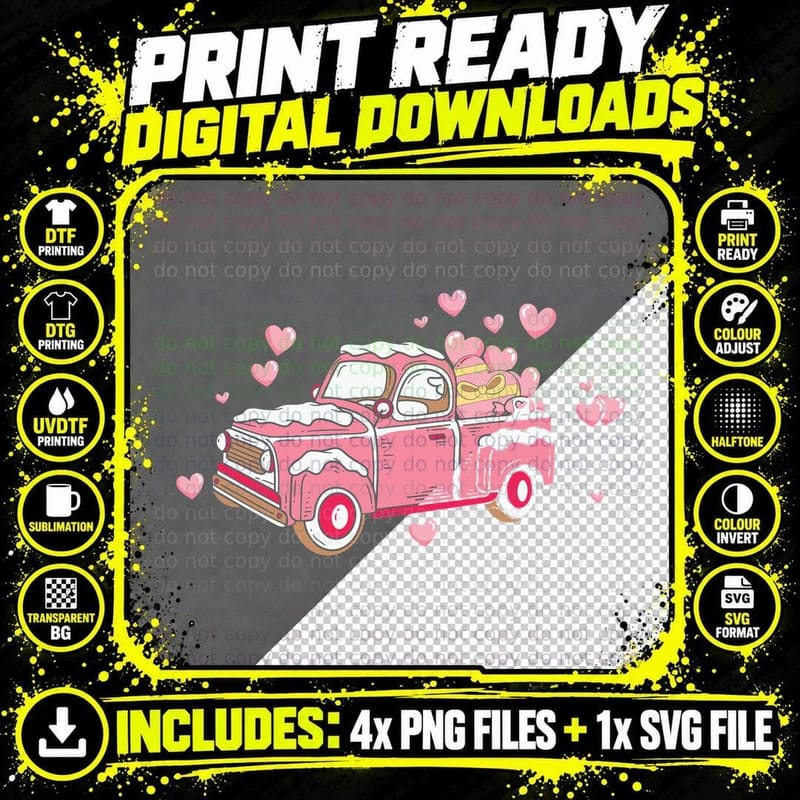 Pink Vintage Truck Hearts Valentine T-Shirt Png SVG Digital Bundle