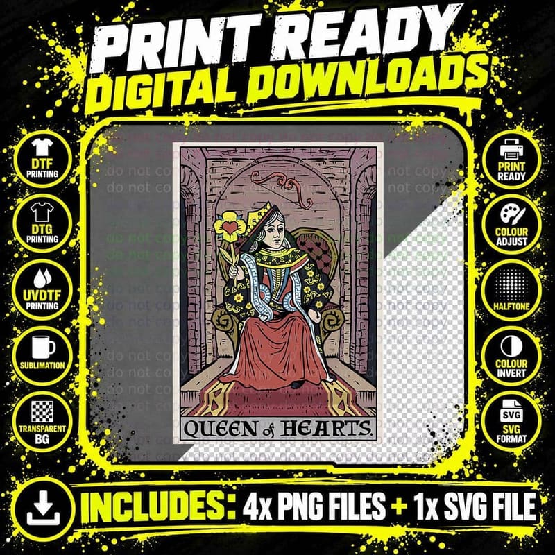 Queen of Hearts Tarot Card Valentine Couples Witchy Png SVG Digital Bundle