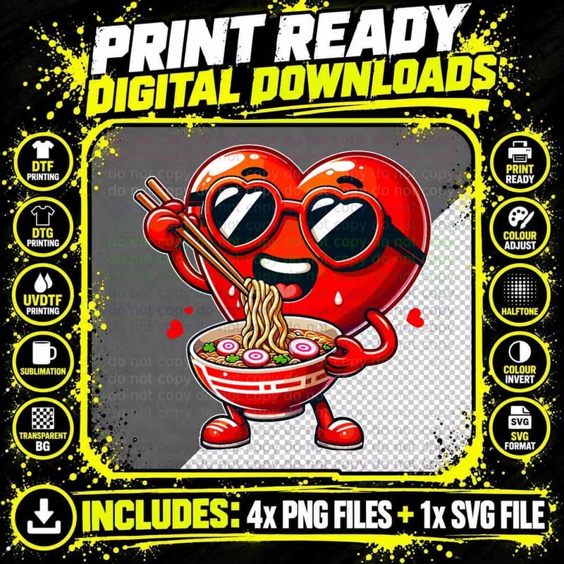 Ramen Heart Noodles Cute Valentine's Day Boys Girls Kids Png SVG Digital Bundle