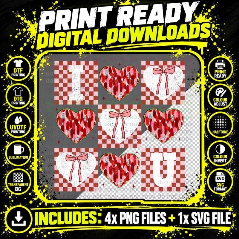 Red Heart and Bow Checkered Valentine T-Shirt Png SVG Digital Bundle