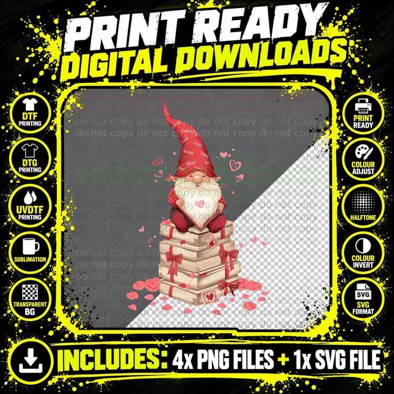 Red Love Gnome on Letters Valentine T-Shirt Png SVG Digital Bundle