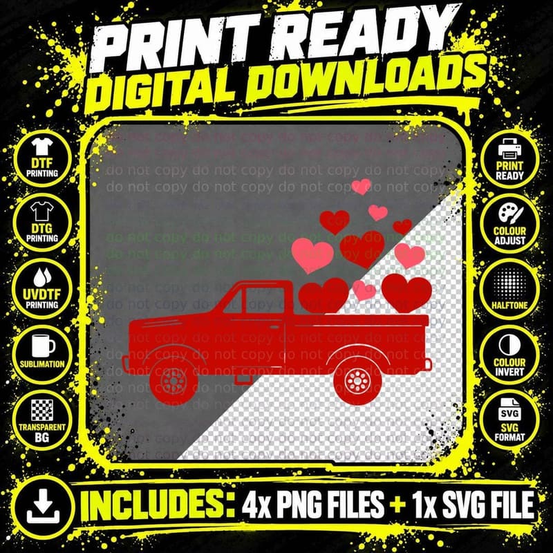 Red Pickup Truck with Hearts Valentine T-Shirt Png SVG Digital Bundle