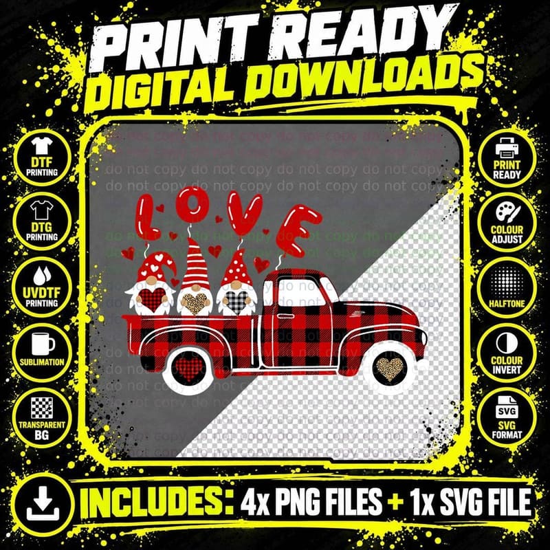 Red Plaid Truck Three Gnomes Holding Hearts Valentine's Png SVG Digital Bundle