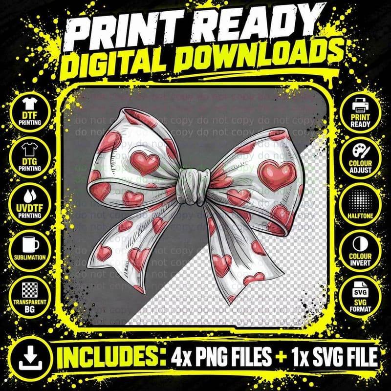 Ribbon Bow with Heart Pattern Valentine T-Shirt Png SVG Digital Bundle