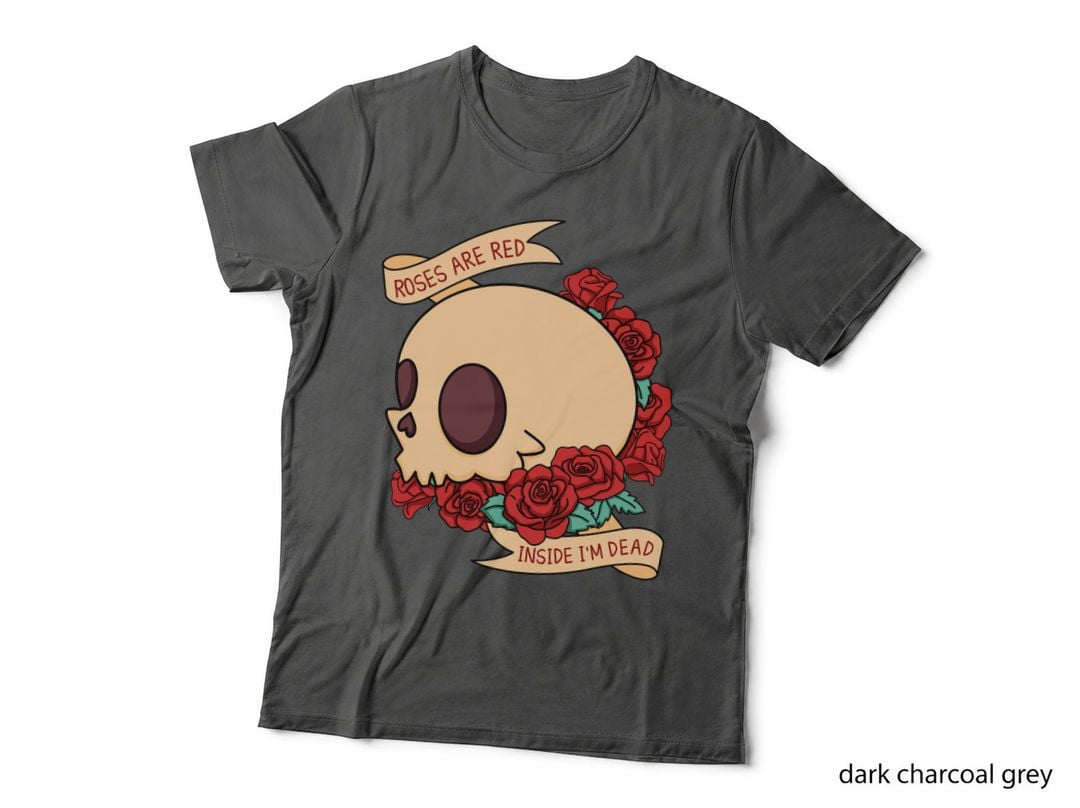 Roses Are Red Inside I'm Dead Valentine T-Shirt, Skull with Rose Crown Ribbon
