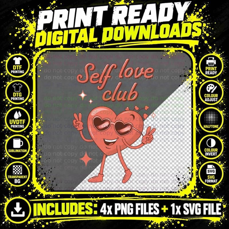 Self Love Club Valentine T-Shirt, Jumping Heart Mascot Png SVG Digital Bundle
