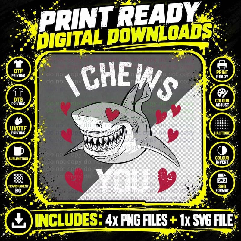 Shark Valentine's Day Funny V-Day Couples Love I Chews Png SVG Digital Bundle