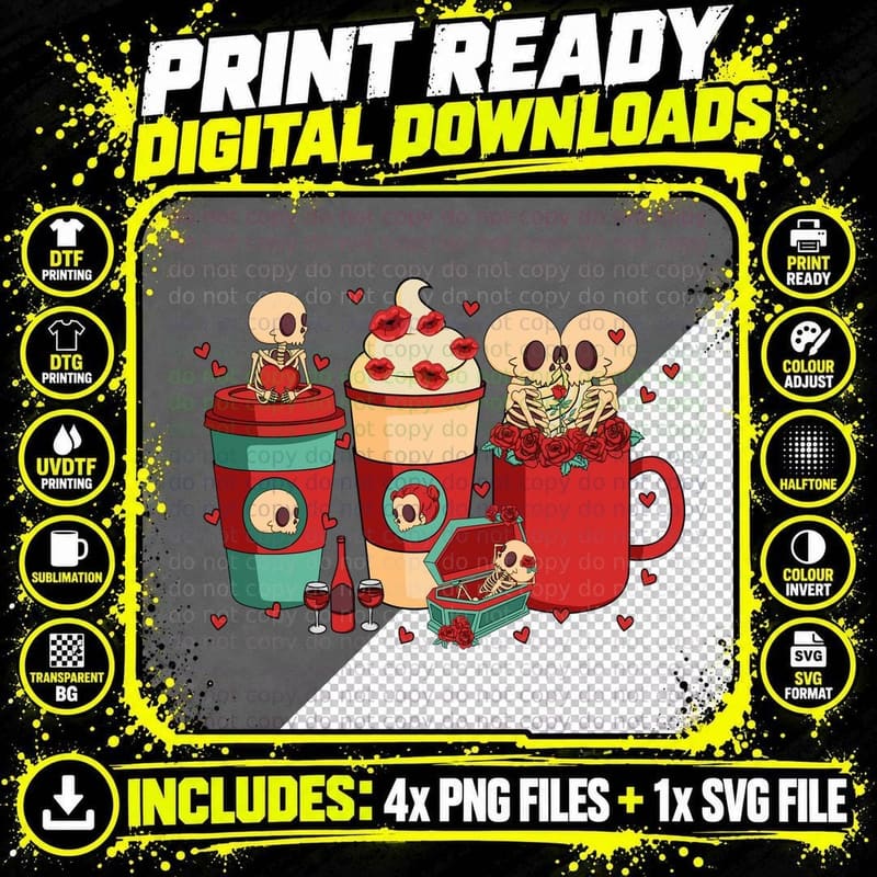 Skeletons in Coffee Cups and Drinks Valentine T-Shirt Png SVG Digital Bundle