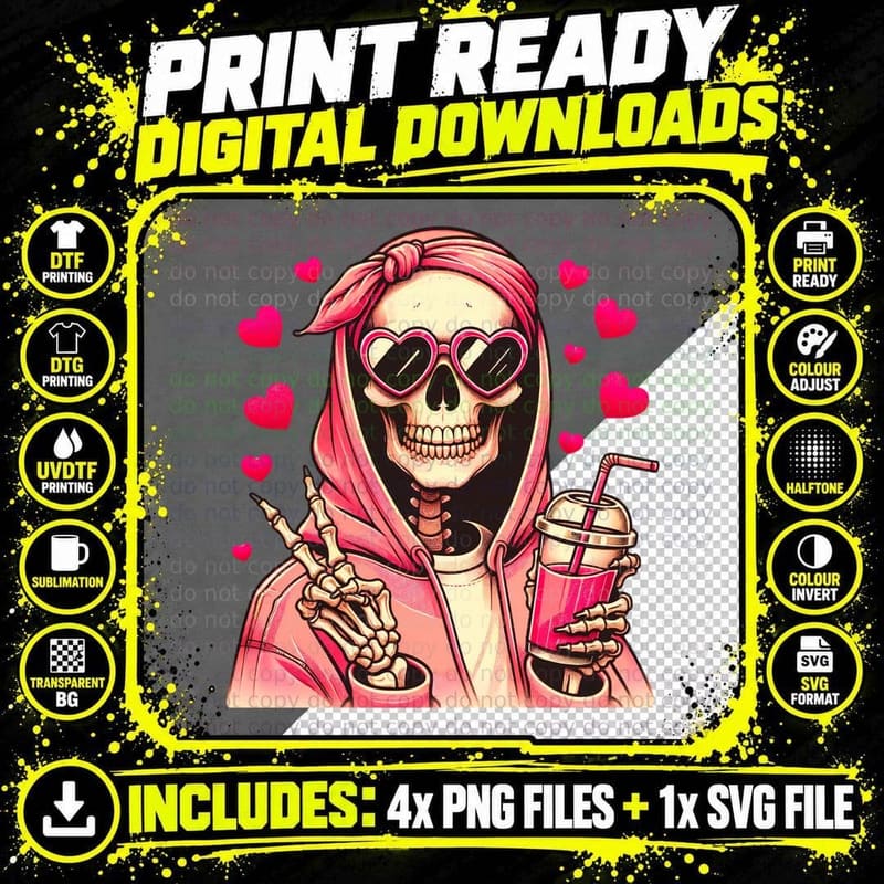 Skull with Heart-Shaped Glasses Valentine T-Shirt Png SVG Digital Bundle
