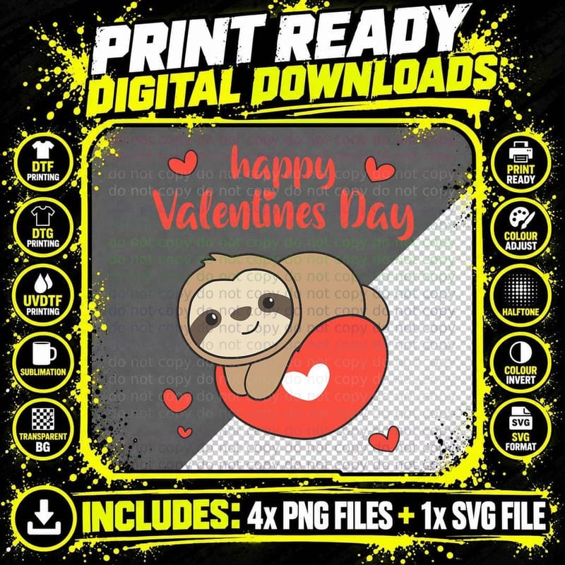 Sloth Cute Animals with Hearts Happy Valentine's Day Png SVG Digital Bundle