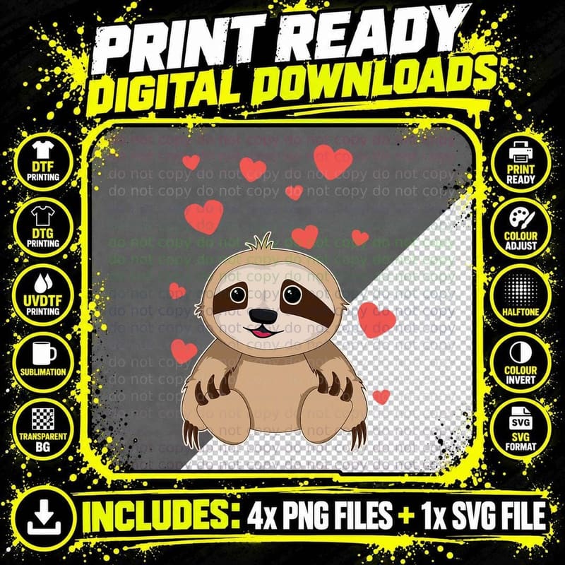 Sloth Valentine's Day T-Shirt for Kids Girls Women Heart Png SVG Digital Bundle