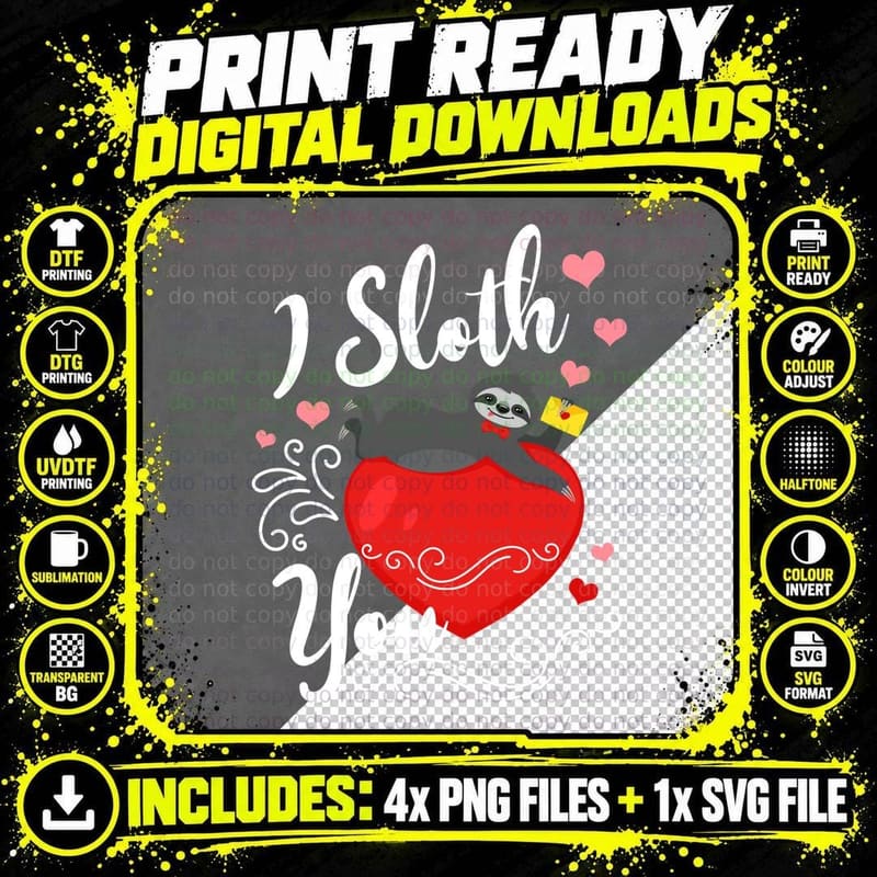 Sloth Valentine's Day T-Shirt, Adorable Animal Print Png SVG Digital Bundle