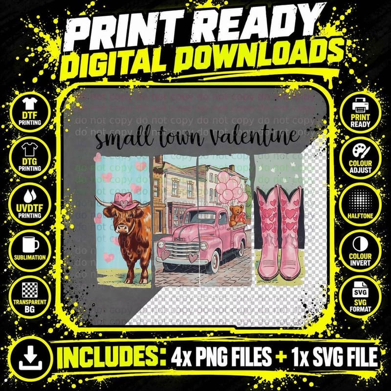 Small Town Valentine T-Shirt, Highland Cow Truck Cowboy Png SVG Digital Bundle
