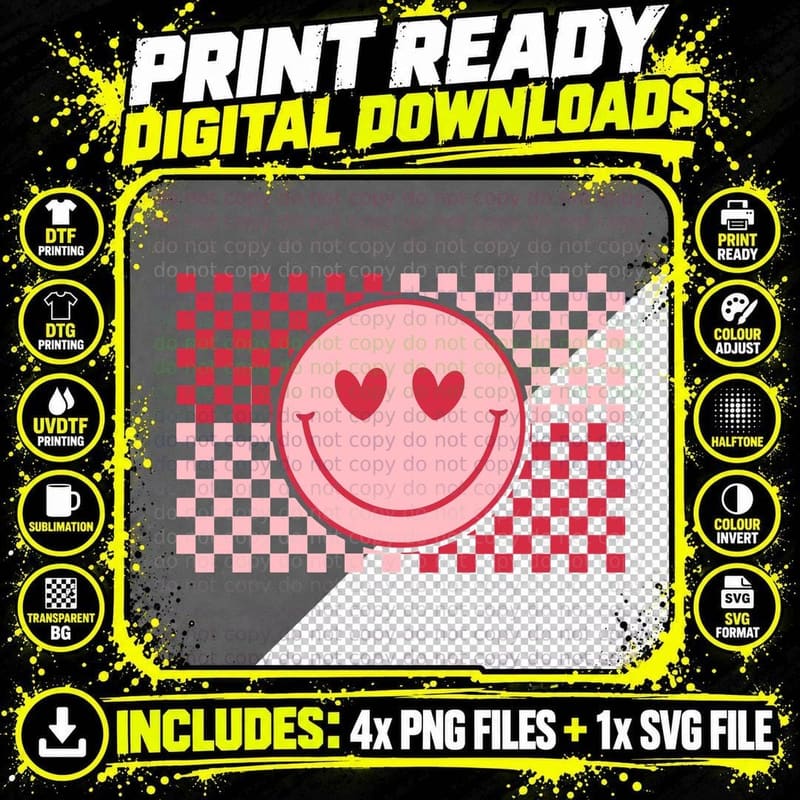 Smiley Face Heart Eyes Checkerboard Valentine T-Shirt Png SVG Digital Bundle