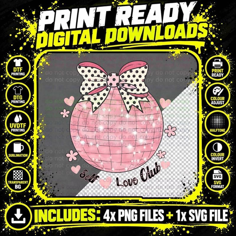 Soft Love Club Valentine T-Shirt, Sparkly Disco Ball Png SVG Digital Bundle