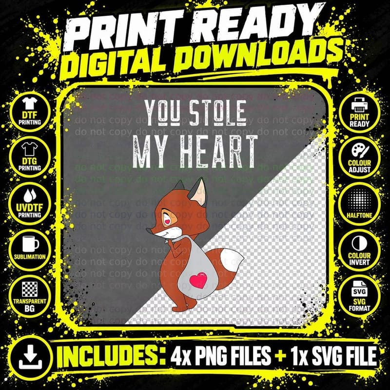 St. Valentine's Day You Stole My Heart Cute Fox Couple Png SVG Digital Bundle