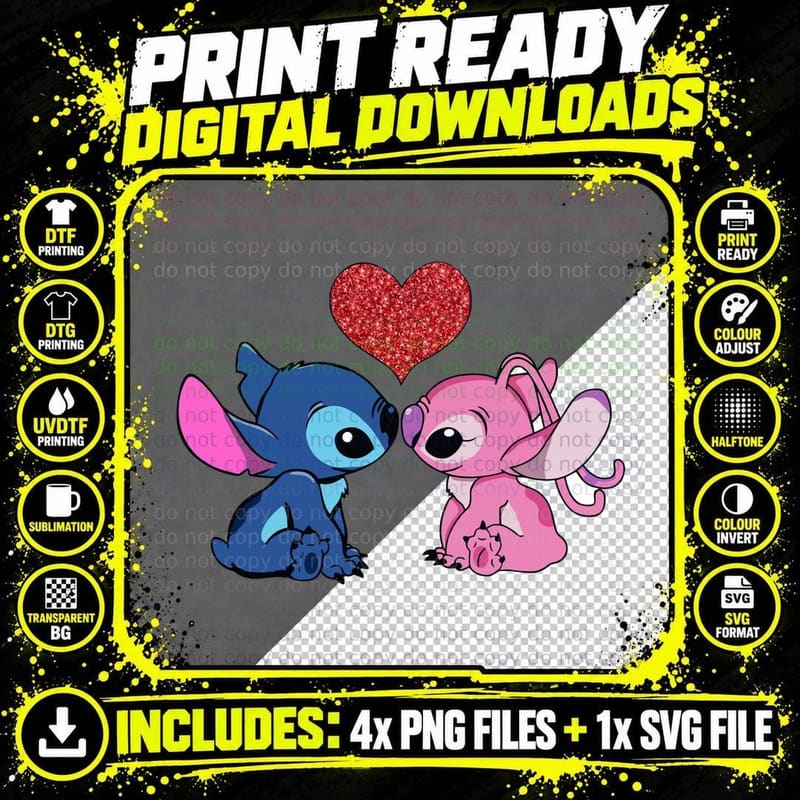 Stitch Blue and Pink Angel Red Glitter Heart T-Shirt Png SVG Digital Bundle