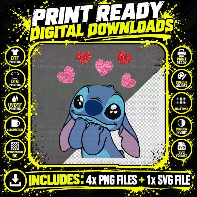 Stitch with Eyes Closed Pink Glitter Hearts T-Shirt Png SVG Digital Bundle