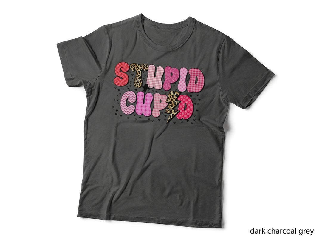 Stupid Cupid Valentine T-Shirt, Patterned Text with Hearts Love Tee