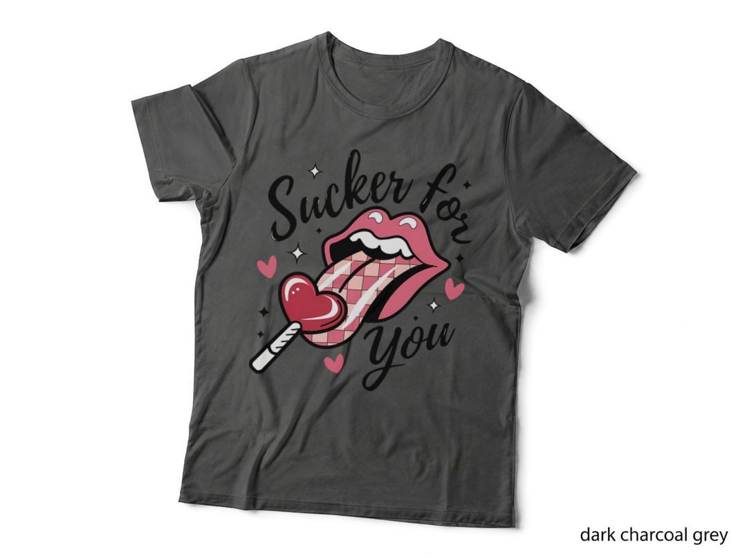 Sucker for You Valentine T-Shirt, Large Lips with Heart Lollipop Love Tee