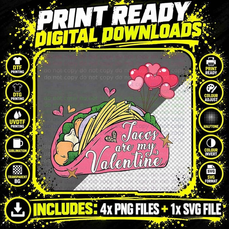 Tacos Are My Valentine Pink Taco Silhouette Heart Png SVG Digital Bundle