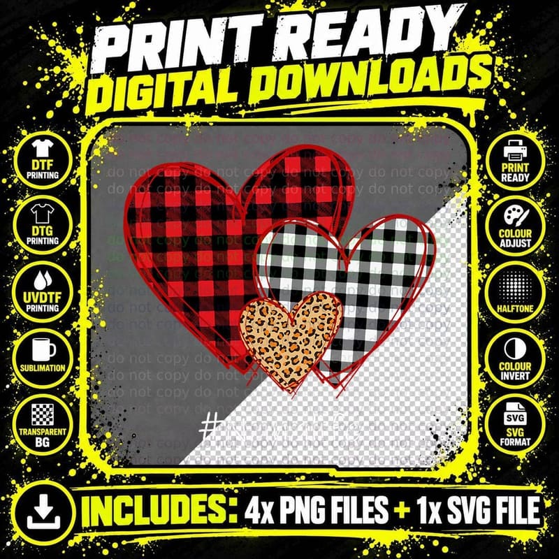 Three Hearts Leopard Buffalo Plaid Nana Valentine's Day Png SVG Digital Bundle