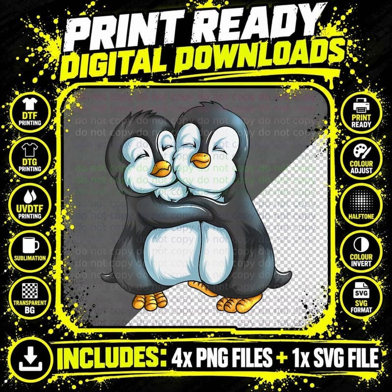 Two Cute Penguins Hugging Valentine Love Hug Penguin Png SVG Digital Bundle