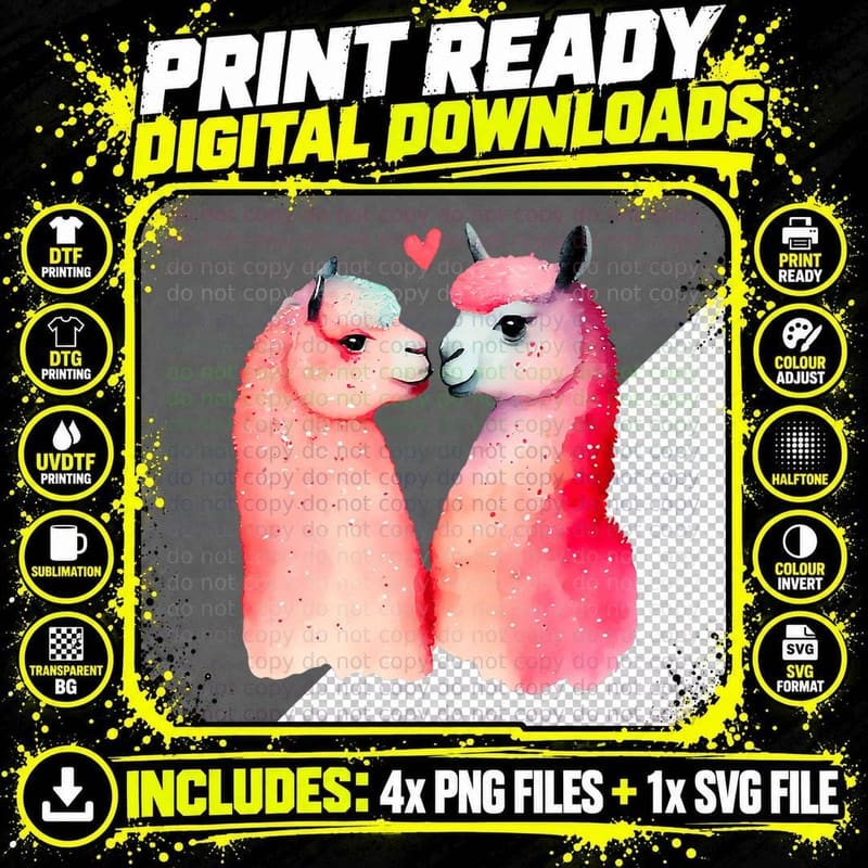 Two Loving Llamas in Love Heart Valentine's Day Alpaca Png SVG Digital Bundle