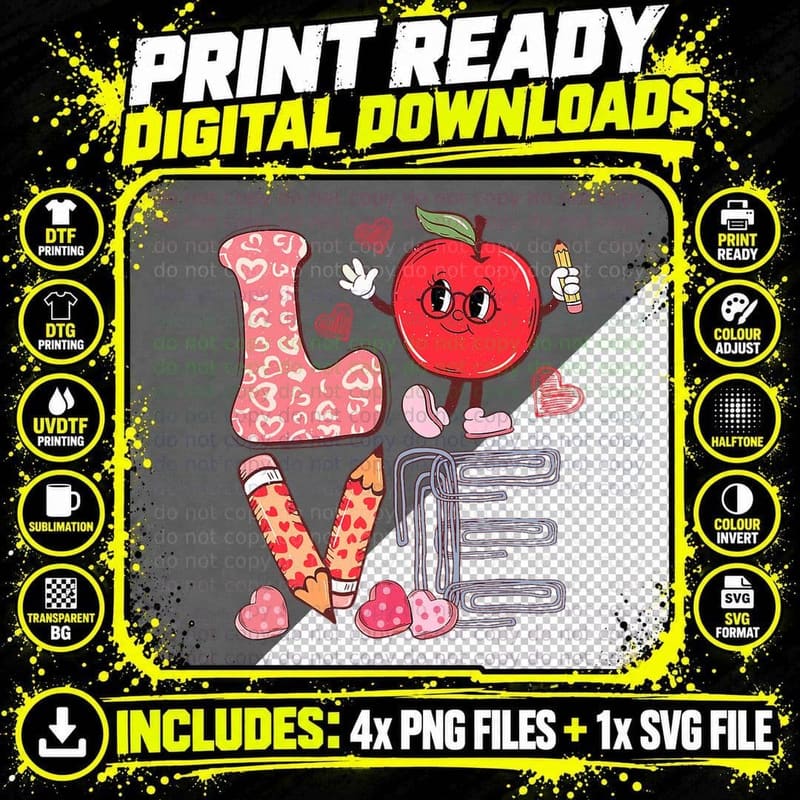 Valentine Day Tee LOVE Groovy Retro Teacher Teaching Png SVG Digital Bundle