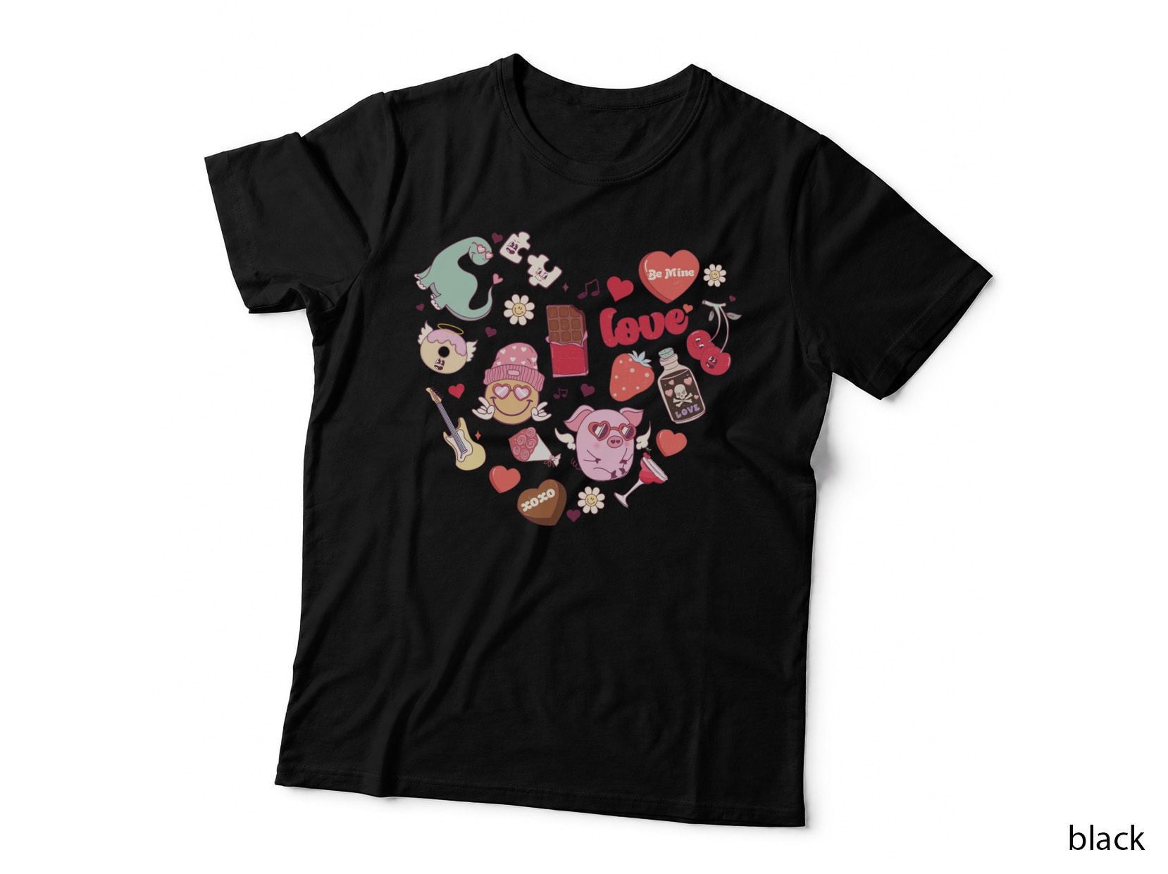 Valentine Icons Collage Pattern Mixed Valentine T-Shirt, Cute Love Graphic Tee