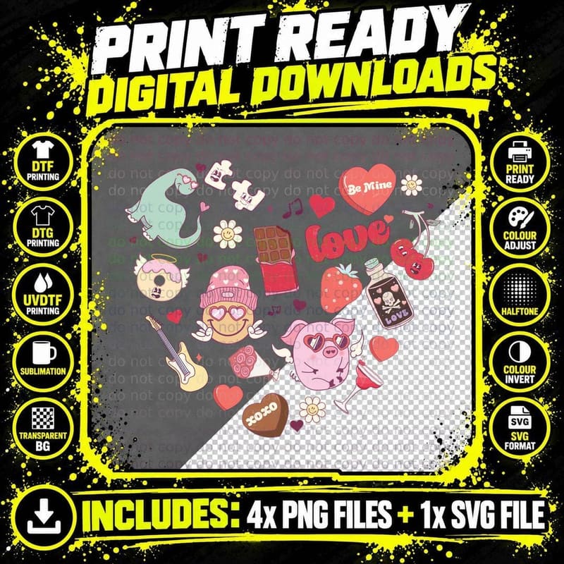 Valentine Icons Collage Pattern Mixed Valentine T-Shirt Png SVG Digital Bundle