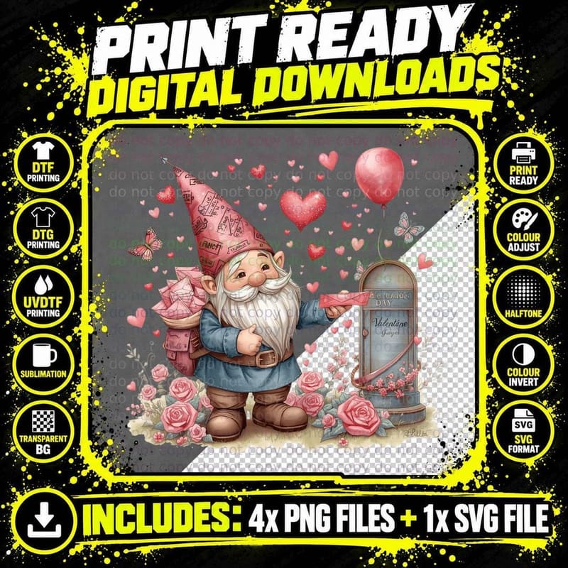 Valentine Mailbox Gnome with Hearts Glitter T-Shirt Png SVG Digital Bundle