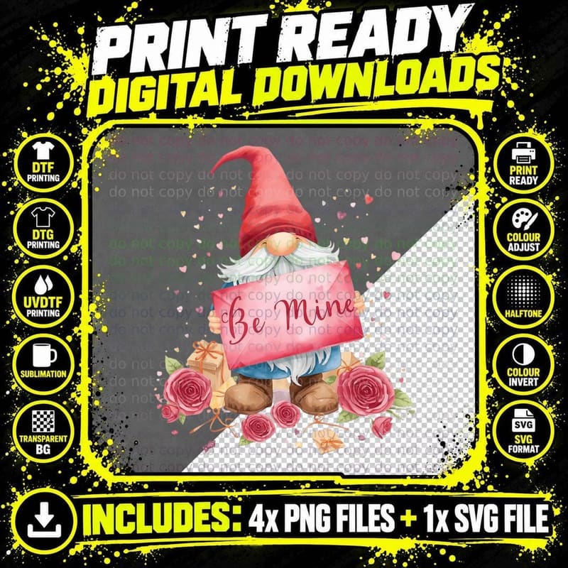 Valentine Mailbox Gnome with Hearts Sparkle T-Shirt Png SVG Digital Bundle