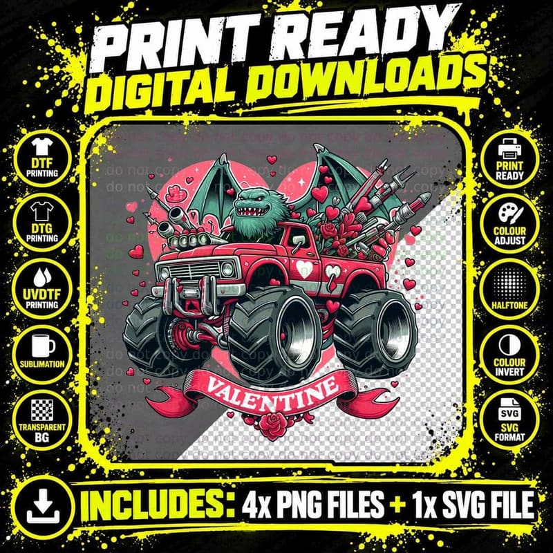 Valentine Monster Truck Demon Green Hearts T-Shirt Png SVG Digital Bundle