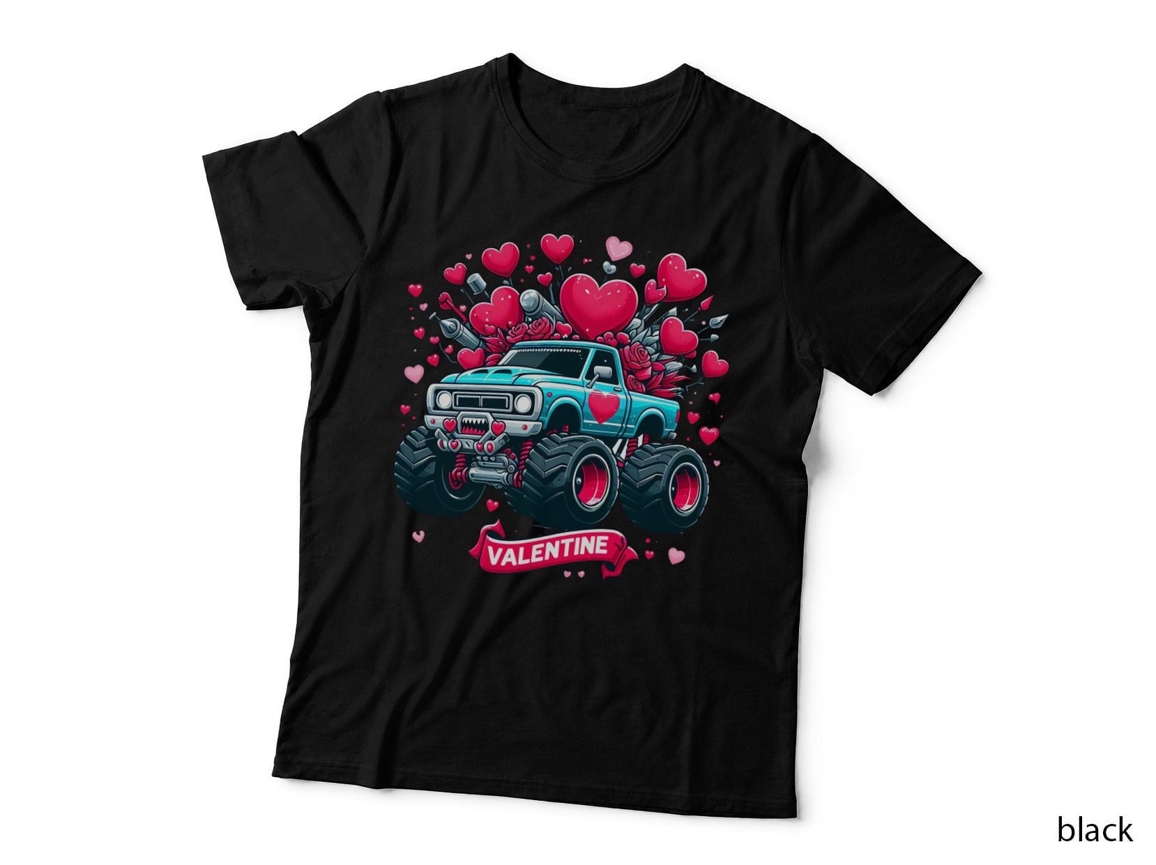 Valentine Turquoise Pink Monster Truck Hearts T-Shirt