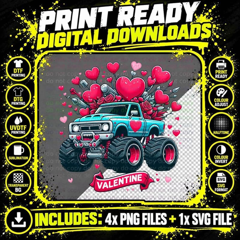Valentine Turquoise Pink Monster Truck Hearts T-Shirt Png SVG Digital Bundle